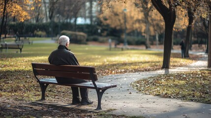 An isolated elderly person sitting on a park bench, Reflecting on the loneliness and isolation faced by the elderly, minimalistic style