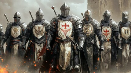 Naklejka premium A Group of Medieval Knights in Armor Displaying Heraldry and Emblems, Poised for Battle in a Dramatic Landscape with Smoke and Flames in the Background