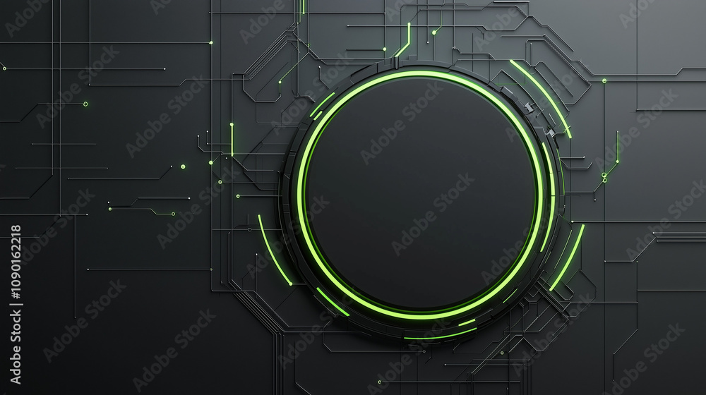 Poster tech circle abstract: futuristic, dark grey background with a central black circle outlined in vibra