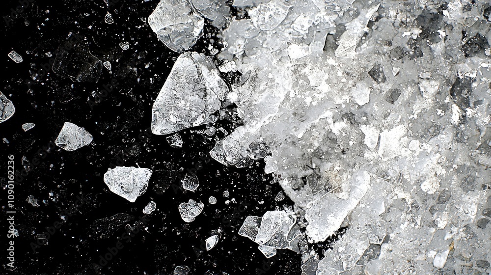 Poster close-up view of shattered ice crystals against a dark background, highlighting the intricate patter