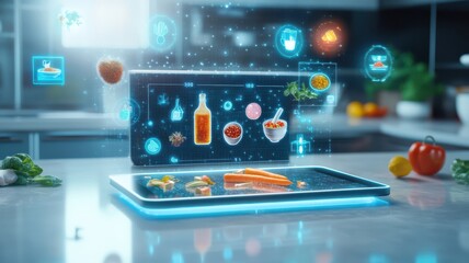 Futuristic kitchen with holographic food and nutrition display.