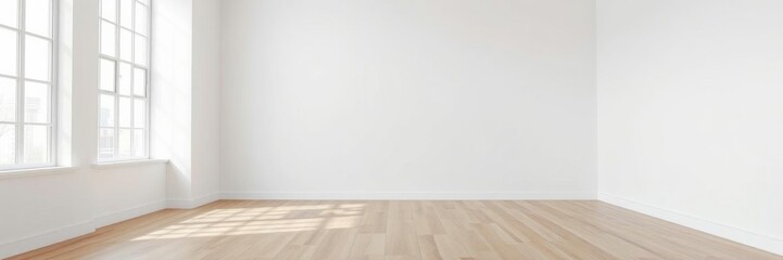 Fototapeta premium White room with grey wood floor illuminated by natural light from window, perfect for interior design projects or product mockups, white, empty room, hdri