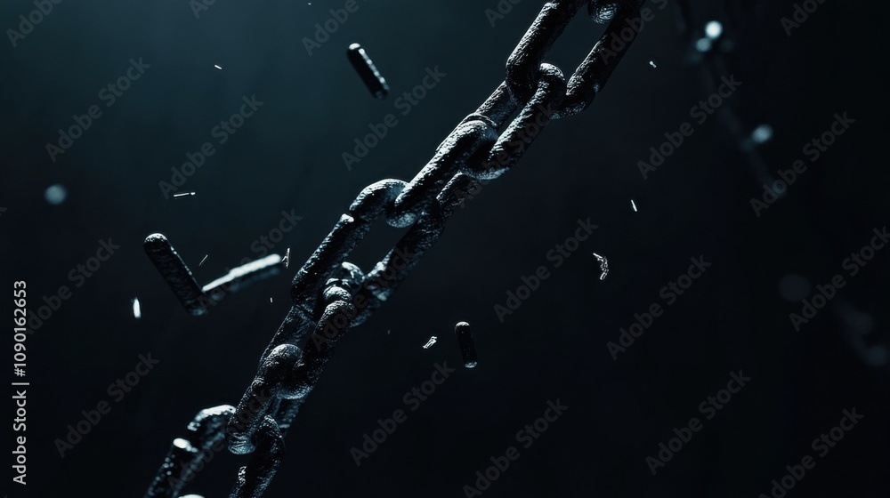 Poster Broken chains falling into darkness, Symbolizing the abstract concept of breaking free from societal constraints and oppression, minimalist composition