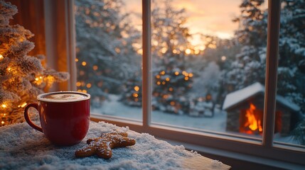 Cozy winter scene with coffee and cookies.