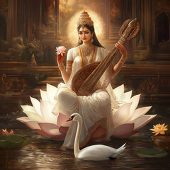 Graceful image of Goddess Saraswati seated on a lotus, playing the Veena, symbolizing knowledge, wisdom, and the arts in Hindu culture