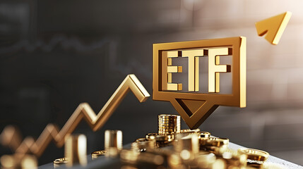  A golden "ETF" icon floating above an upward financial arrow, abstract economic growth concept, clean layout