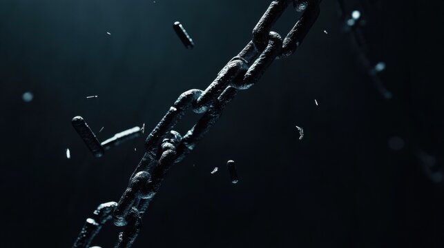 Broken chains falling into darkness, Symbolizing the abstract concept of breaking free from societal constraints and oppression, minimalist composition