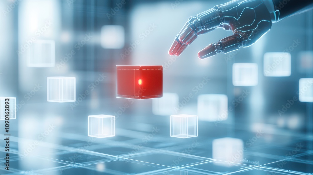 Poster futuristic robot hand manipulating digital cubes in a virtual space.
