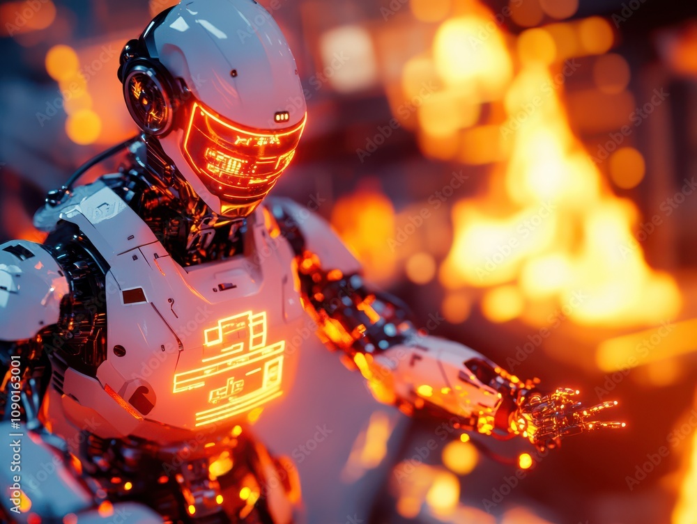 Poster futuristic robot with glowing elements amidst fiery background.