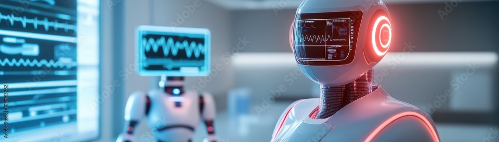 Poster futuristic robots in a high-tech laboratory environment.