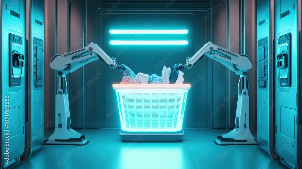 Poster futuristic robots working with glowing transparent containers.