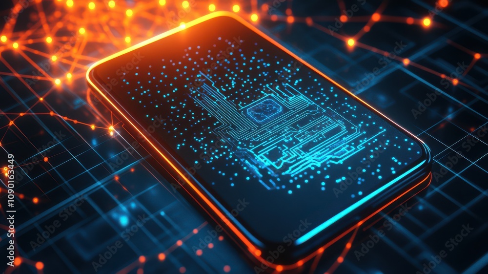 Poster futuristic smartphone with glowing circuit design and data flow.