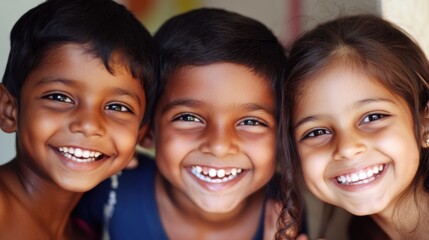 Fototapeta premium Closeup of three children, a Black boy with a joyful expression and short hair, a white girl with wavy hair and a bright smile