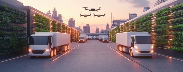 Futuristic transport scene with trucks and drones in an urban setting.