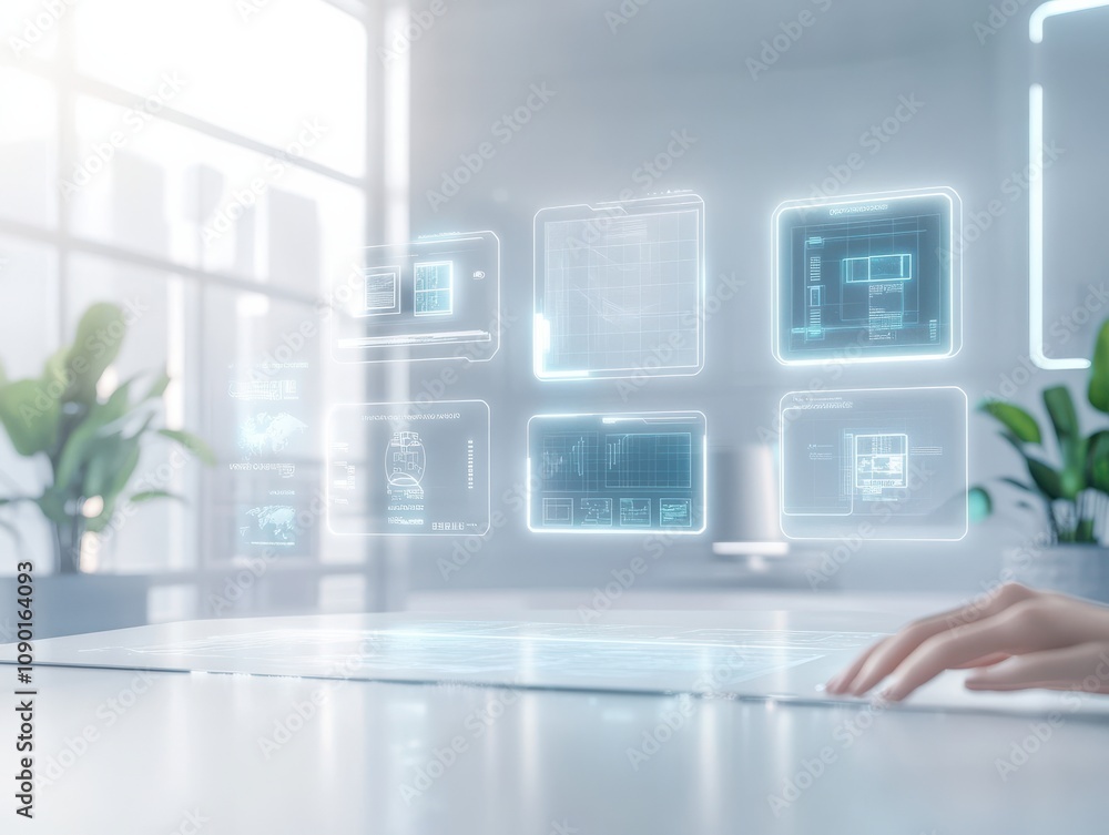 Poster futuristic workspace with digital interfaces and sleek design.