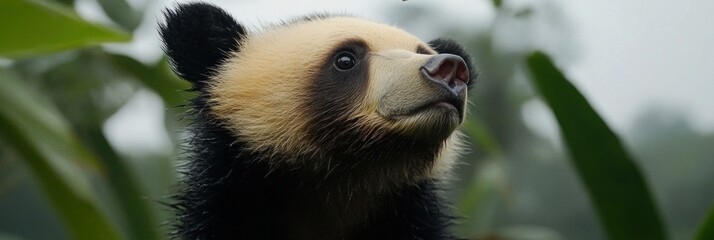 Obraz premium A close-up of a panda, showcasing its distinctive black and white fur in a natural setting.
