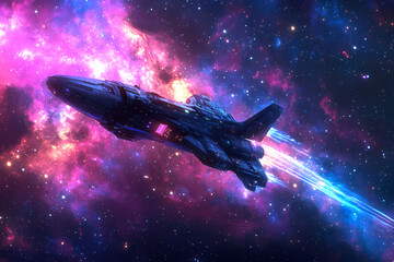 Fototapeta premium Intergalactic Spaceship Flying Through Nebula - Gaming Wallpaper