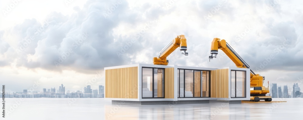 Poster innovative construction with robotic arms assembling modular units.