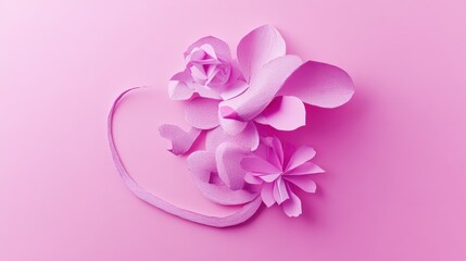 Fototapeta premium A delicate arrangement of pink paper flowers on a soft pink background.