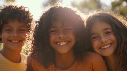 Fototapeta premium Closeup of three children, a Black girl with a joyful grin and medium-length hair, a white boy with a cheerful expression and curly hair