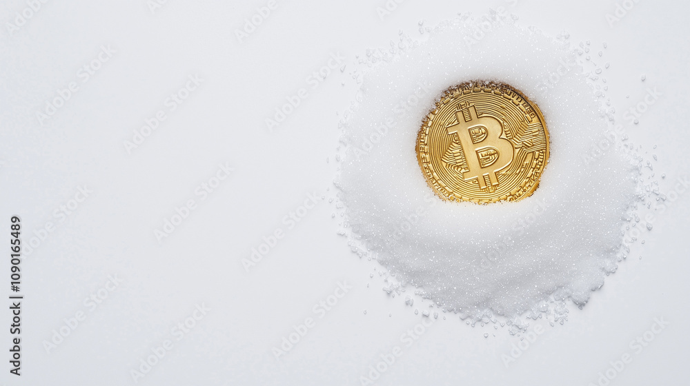 Poster frozen bitcoin: a golden bitcoin rests in a small, perfectly circular clearing in the snow, creating