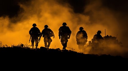 Cinematic blurred silhouettes of soldiers and tanks in the dark with smoke background. The army scene is a group of silhouettes or soldiers standing on an armored tank at night