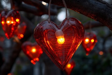 A whimsical display of red glass hearts gracefully suspended from branches, embodying the spirit of love and romance, perfect for Valentine's Day celebrations.