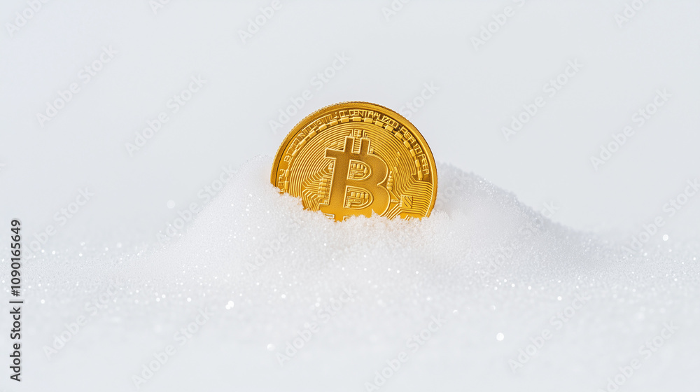Poster Bitcoin in the Snow: A golden Bitcoin coin partially buried in a pristine layer of snow.  A striking image representing the resilience and persistence of cryptocurrency in challenging times. 