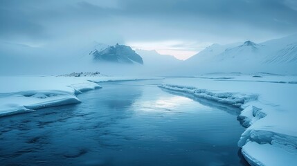 Fototapeta premium Serene icy landscape with a river and mountains shrouded in mist.