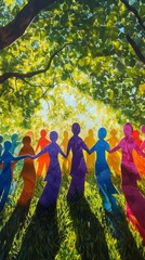 Naklejka premium A vibrant assembly of colorful paper cutouts holding hands, standing on lush green grass, illuminated by gentle sunlight filtering through the leafy trees above, creating a scene of unity and joy