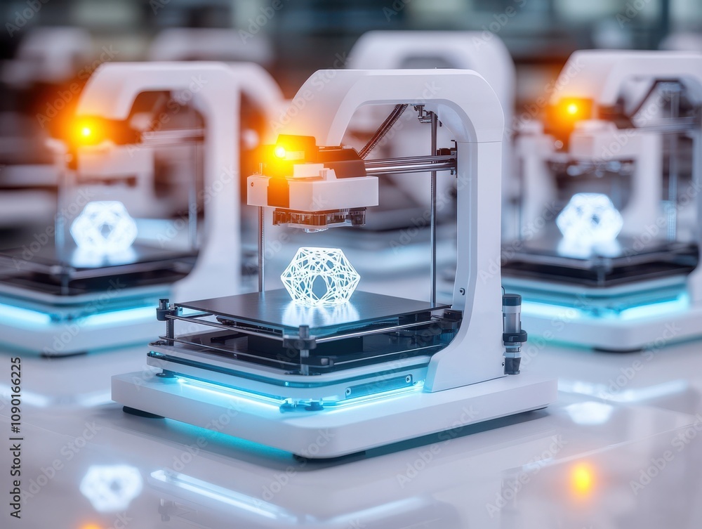 Poster modern 3d printer creating intricate designs in a lab setting.