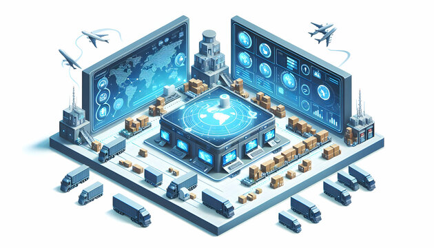 Logistic Isometric illustration of a global logistics command center with control screens showing connected 3