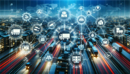 Logistic Logistic network map overlay with warehouse, trucks, and shipping icons on a tech-inspired backgrou1