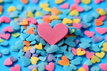 Obraz premium A vibrant array of colorful hearts scattered across a serene blue background, perfect for celebrating love and affection on Valentine's Day.