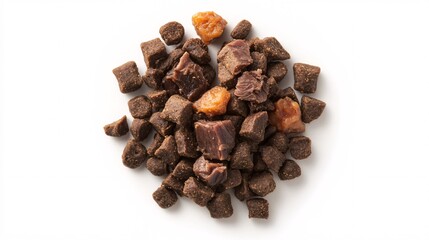 Obraz premium 71.A detailed overhead view of a serving of pet food on a clean white background, featuring a mixture of moist canned meat chunks in sauce and dry kibble. The rich, savory texture of the canned food