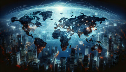 Naklejka premium Logistic Illustration of trade lines crossing a world map over a digital city at night, representing the com4