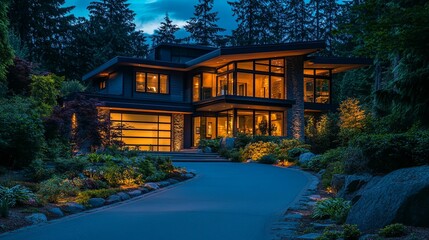 Modern Luxurious Home Illuminated At Night