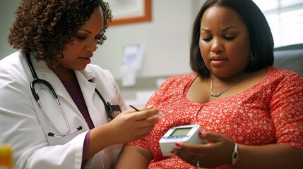 11.A doctor in a medical office checks the blood sugar level of an overweight woman using a glucometer. The woman sits patiently while the doctor carefully holds her hand, pricking her finger to get