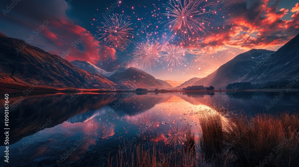 Poster fireworks explode over a serene mountain lake at sunset, creating a dazzling display of light and co