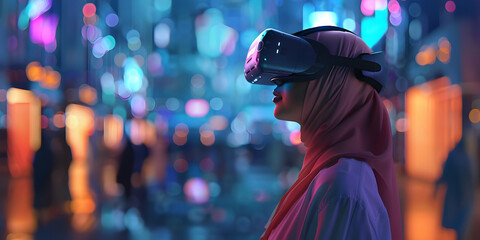 Woman in Headscarf Experiences Immersive Virtual Reality in a Vibrant Cityscape at Night