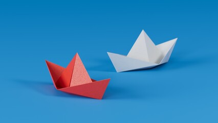 Obraz premium Different business concept.new ideas. paper art style. creative idea.Red and white paper boat. Leadership concept.3D rendering on blue background.