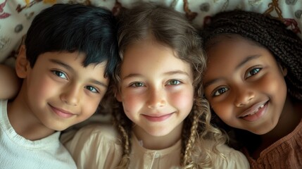 Obraz premium Closeup of three children, a South Asian boy with a playful expression and short dark hair, a white girl with curly blonde hair and bright green eyes