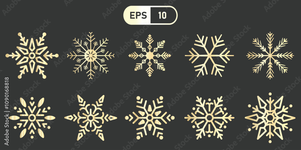 Poster collection of intricate snowflake designs in vector format, showcasing various symmetrical patterns on dark background. Perfect for winter themed projects and decorations