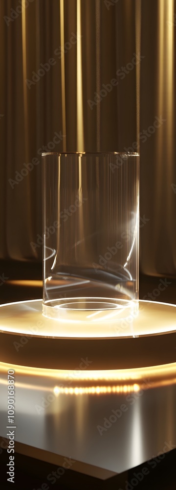 Poster . a luxurious transparent podium with a reflective base, illuminated from beneath, leaving ample spa