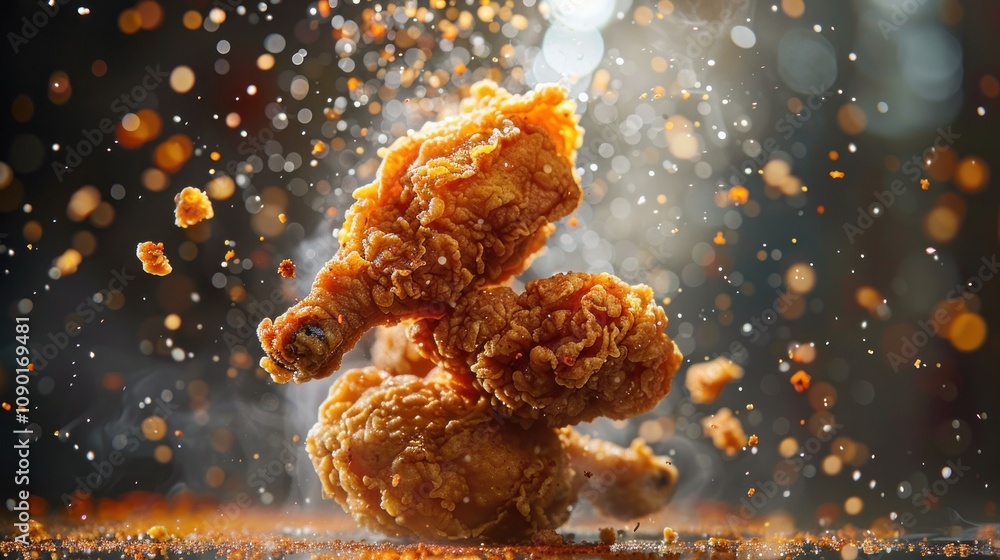 Poster crispy fried chicken pieces with spices in a dynamic splash effect.