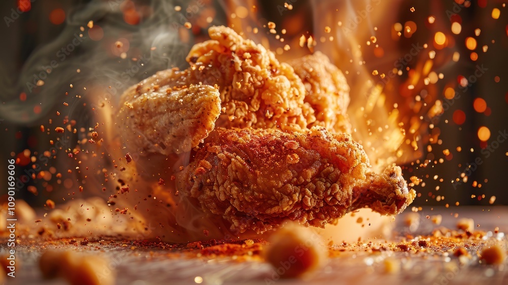 Poster crispy fried chicken exploding with spices and flavor.