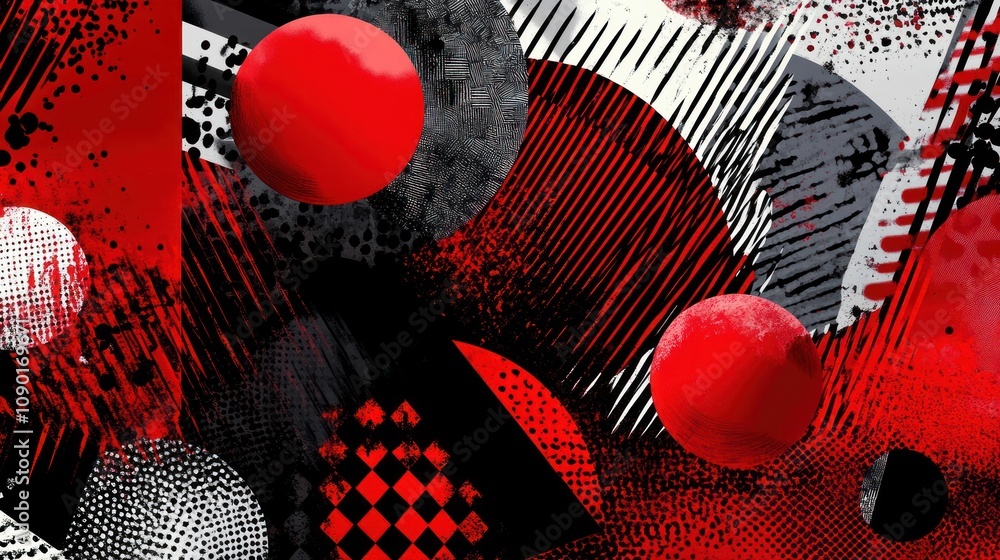 Poster banner background with colorful bright red gradient, slash patterns, halftone effects, and memphis d