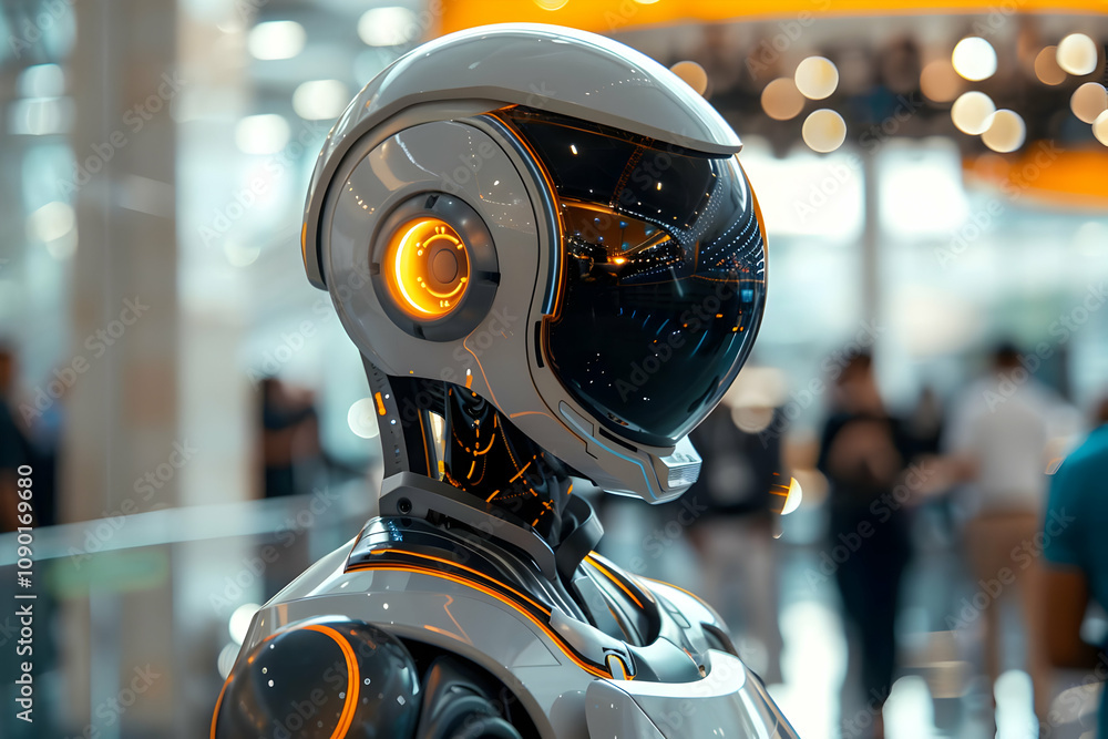 Poster futuristic robot head with illuminated details in a modern setting