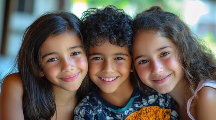 Fototapeta premium Closeup of three children, a South Asian girl with a joyful expression and long hair, a white boy with a playful smile and wavy hair