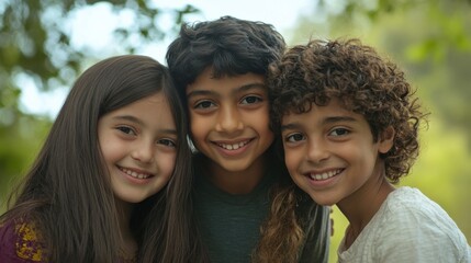 Fototapeta premium Closeup of three children, a South Asian girl with a joyful expression and long hair, a white boy with a playful smile and wavy hair